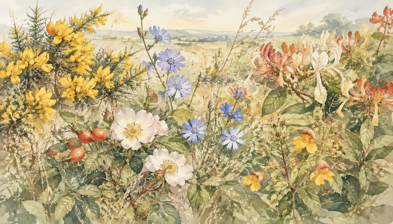 Watercolor meadow of wildflowers used in Bach remedies